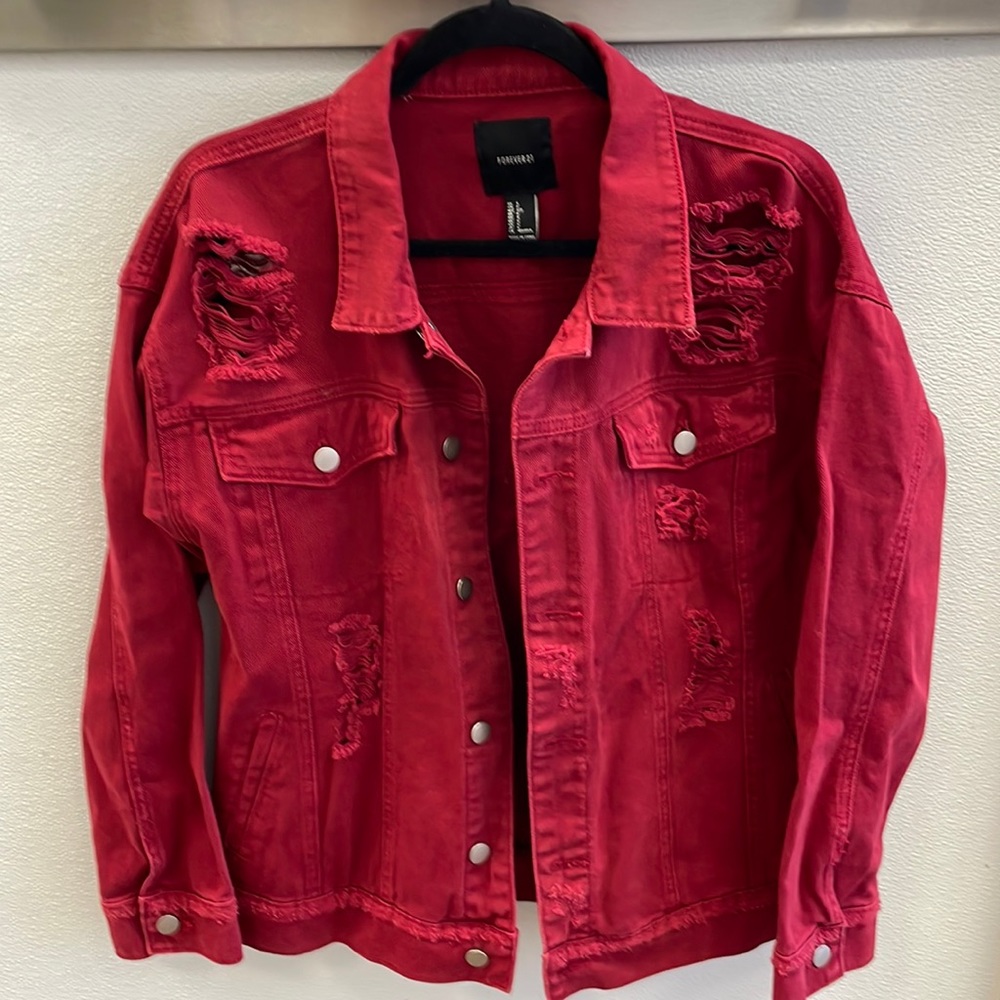 Oversized Red Distressed Denim Jacket 100% cotton